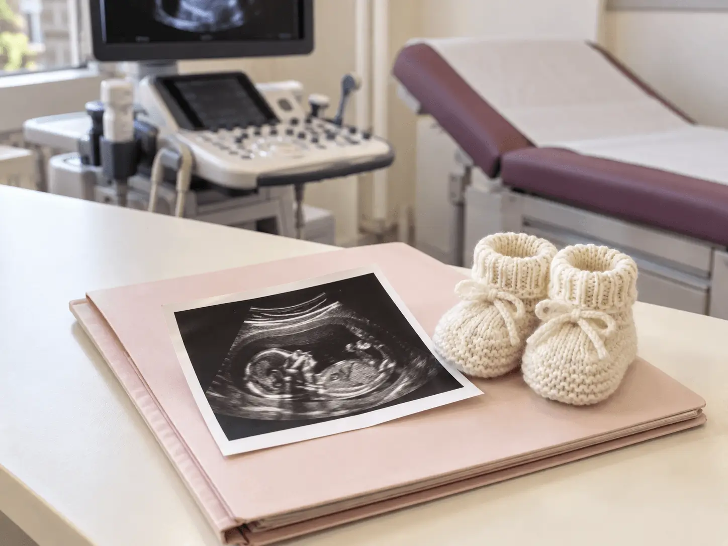 Échographie de grossesse et chaussons de bébé pour le suivi obstétrical à Tanger